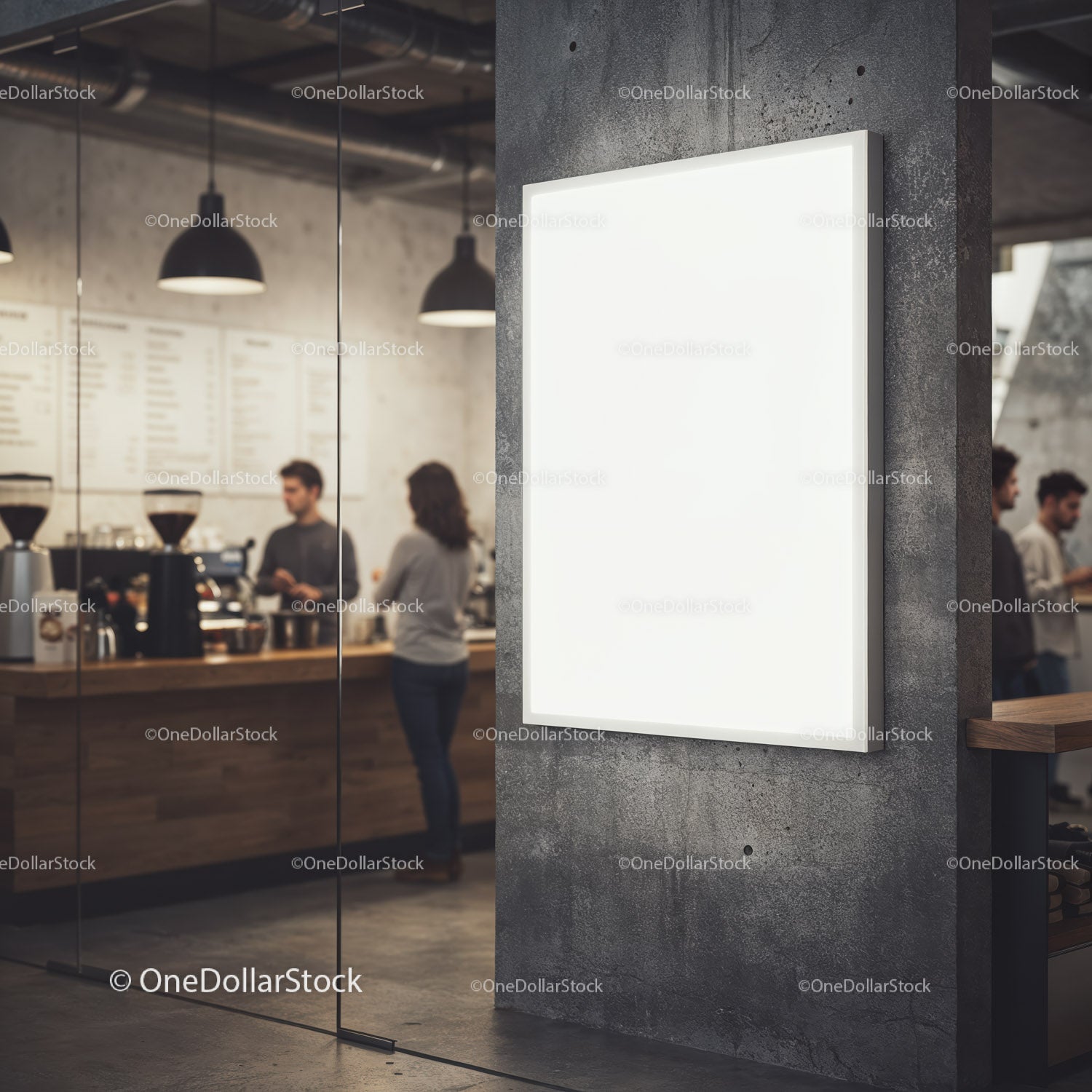 Blank illuminated poster in modern urban coffee shop interior