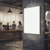 Blank illuminated poster in modern urban coffee shop interior