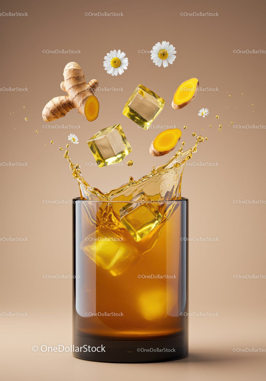 Refreshing Ginger Herbal Drink with Ice Cubes and Chamomile