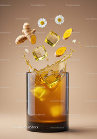 Refreshing Ginger Herbal Drink with Ice Cubes and Chamomile
