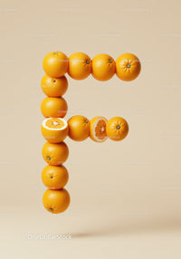 Letter F formed with fresh whole and sliced oranges