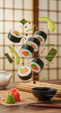 Fresh salmon sushi rolls with avocado and green garnish