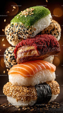 Colorful Assorted Sushi Rolls with Salmon Eel and Sesame Seeds