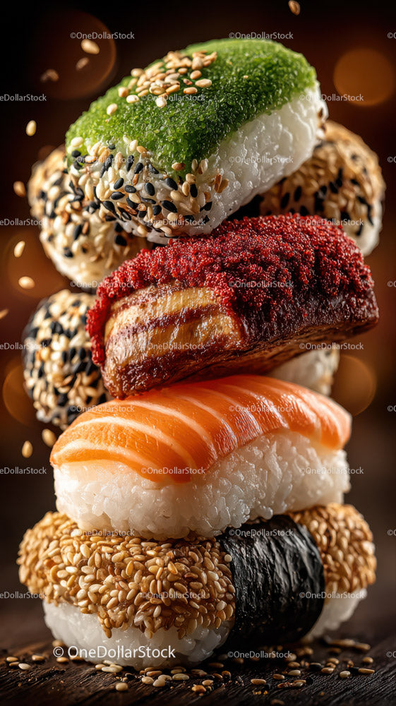 Colorful Assorted Sushi Rolls with Salmon Eel and Sesame Seeds