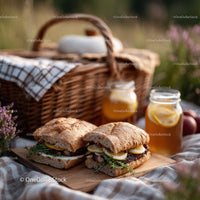 Outdoor Picnic with Fresh Baked Bread and Honey Jars in Sunlight
