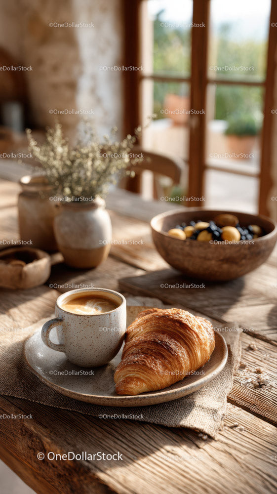 Świeży croissant i kawa na rustykalnym drewnianym stole w przytulnej kuchni