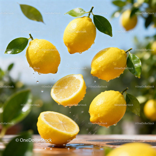 Fresh lemons with water droplets in bright outdoor scene