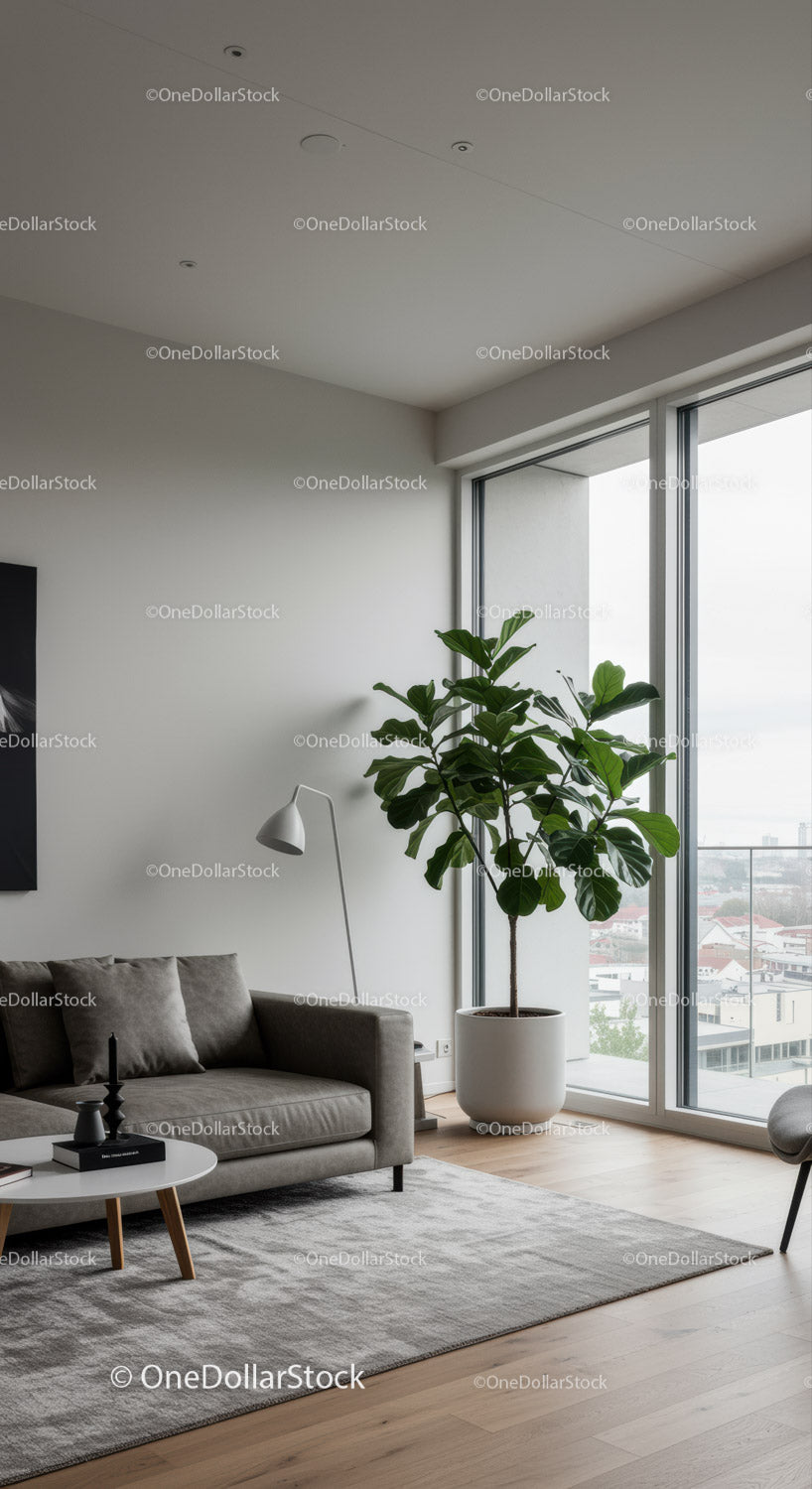 Modern Living Room with Large Window and Fiddle Leaf Fig Plant