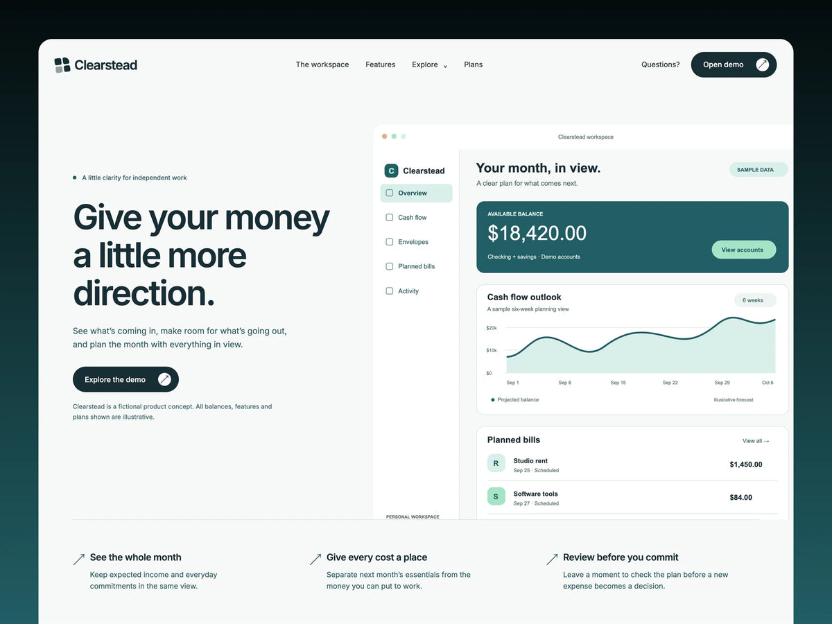 Clearstead homepage preview featuring pale gray-green surfaces, blue-green text and SVG dashboard illustrations.