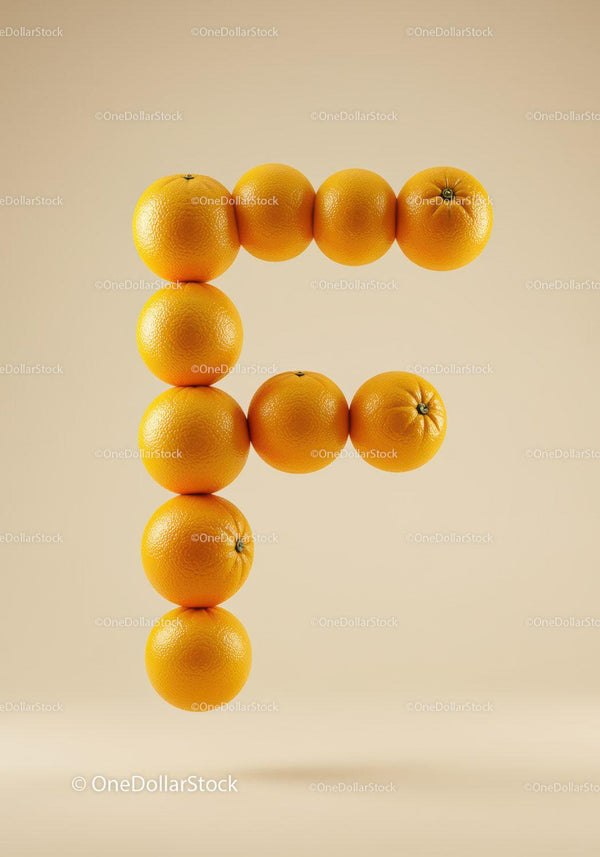 Letter F formed by fresh oranges on beige background