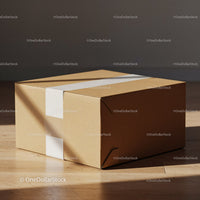 Closed cardboard delivery box on wooden floor with tape