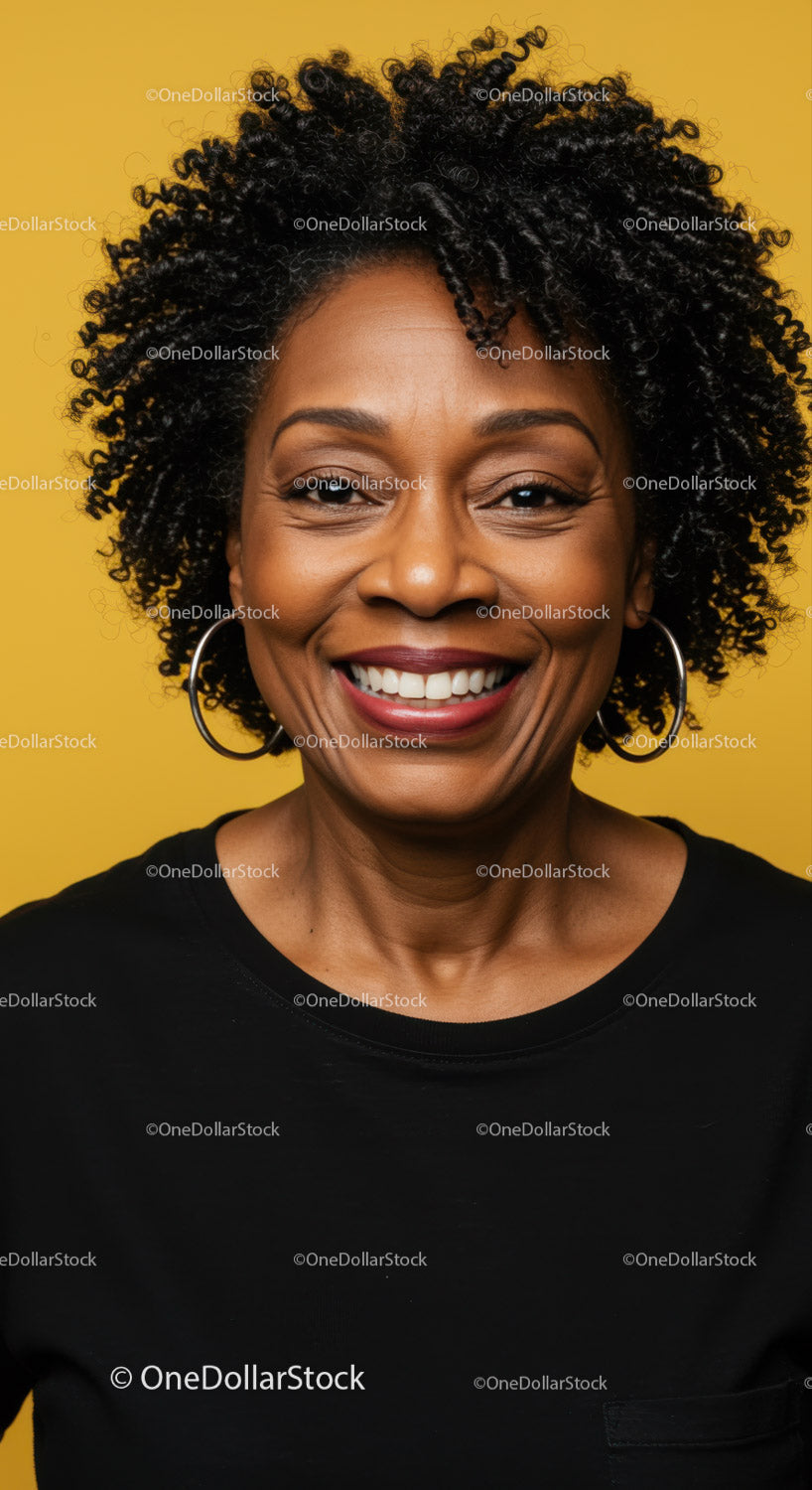 Portrait of a Smiling Beautiful Black Woman with Curly Hair Against Yellow Background