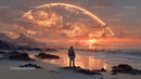 Astronaut Exploring a Surreal Alien Landscape with a Giant Orange Planet