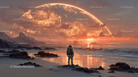 Astronaut Exploring a Surreal Alien Landscape with a Giant Orange Planet