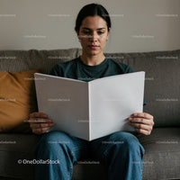 Focused woman reading large book at home sofa
