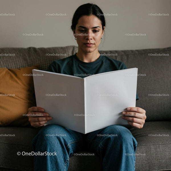 Focused woman reading large book at home sofa JPG Mockup Image