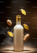 Frosted bottle with ginger roots and slices floating