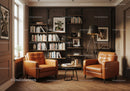 Cozy reading nook with leather armchairs and bookshelves