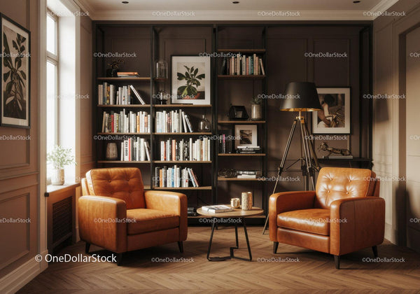 Cozy reading nook with leather armchairs and bookshelves