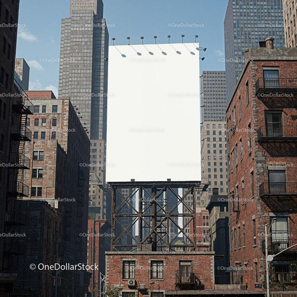 Empty billboard towering over urban brick buildings JPG Mockup Image