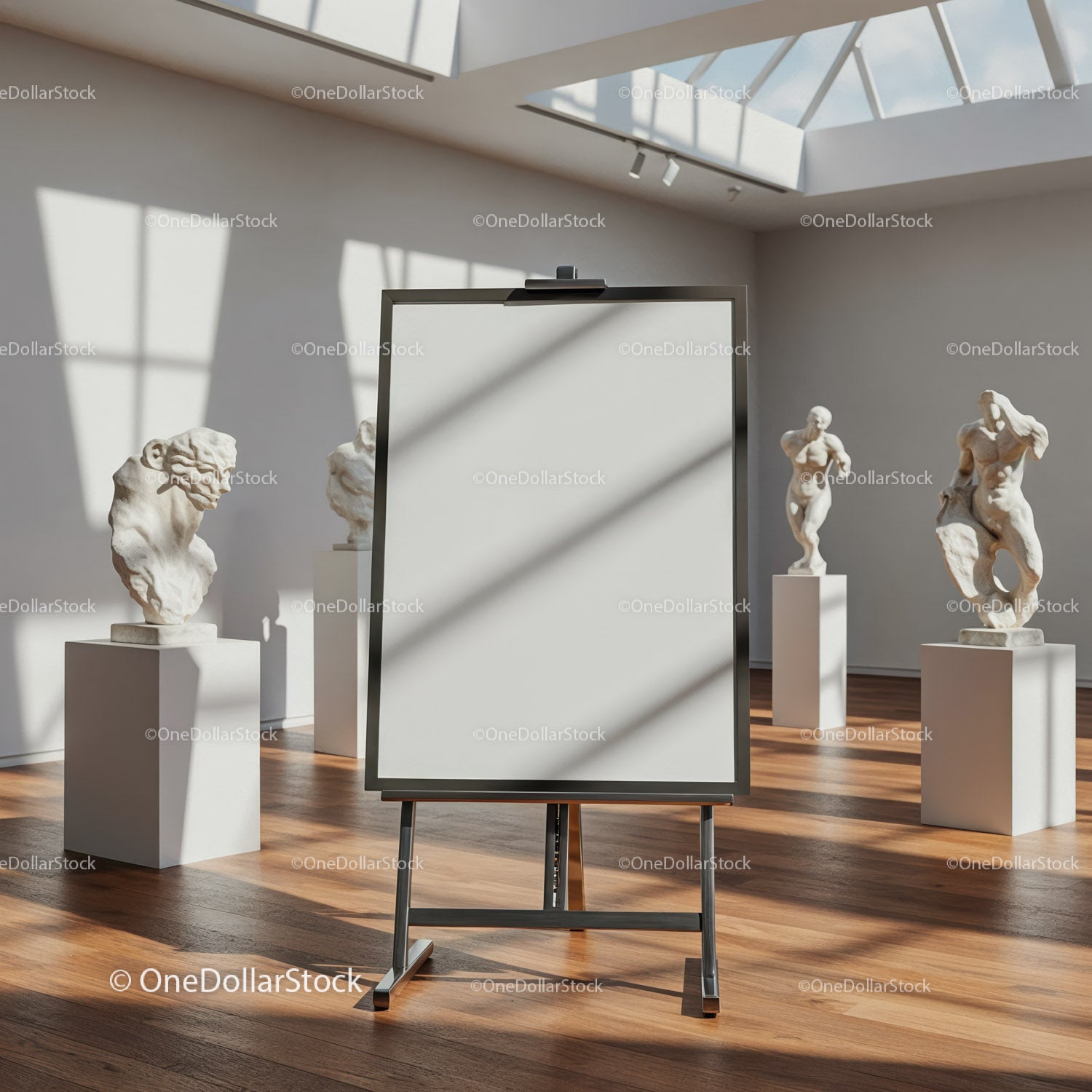 Blank easel in gallery with classical sculptures