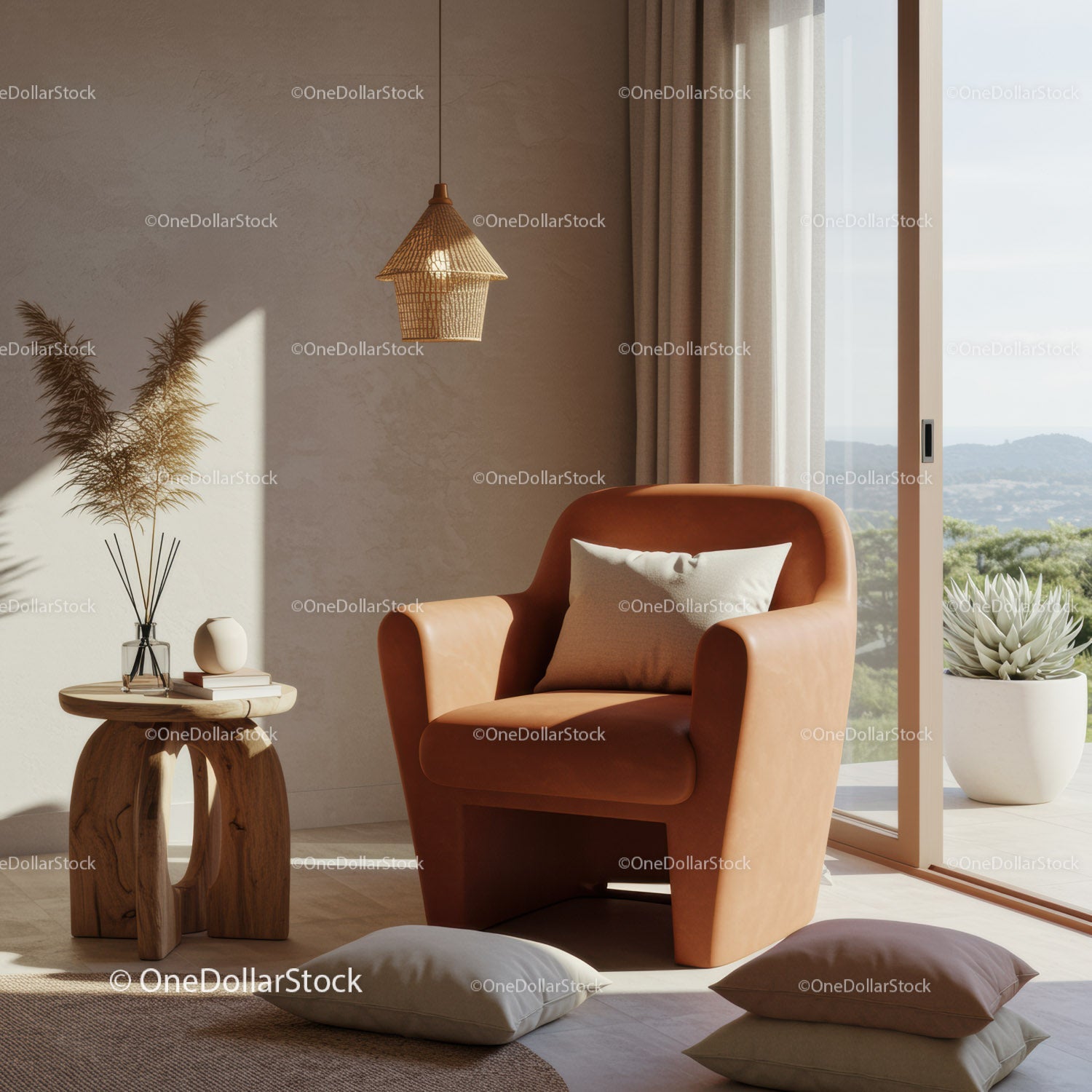 Cozy modern armchair in sunlit minimalist living room