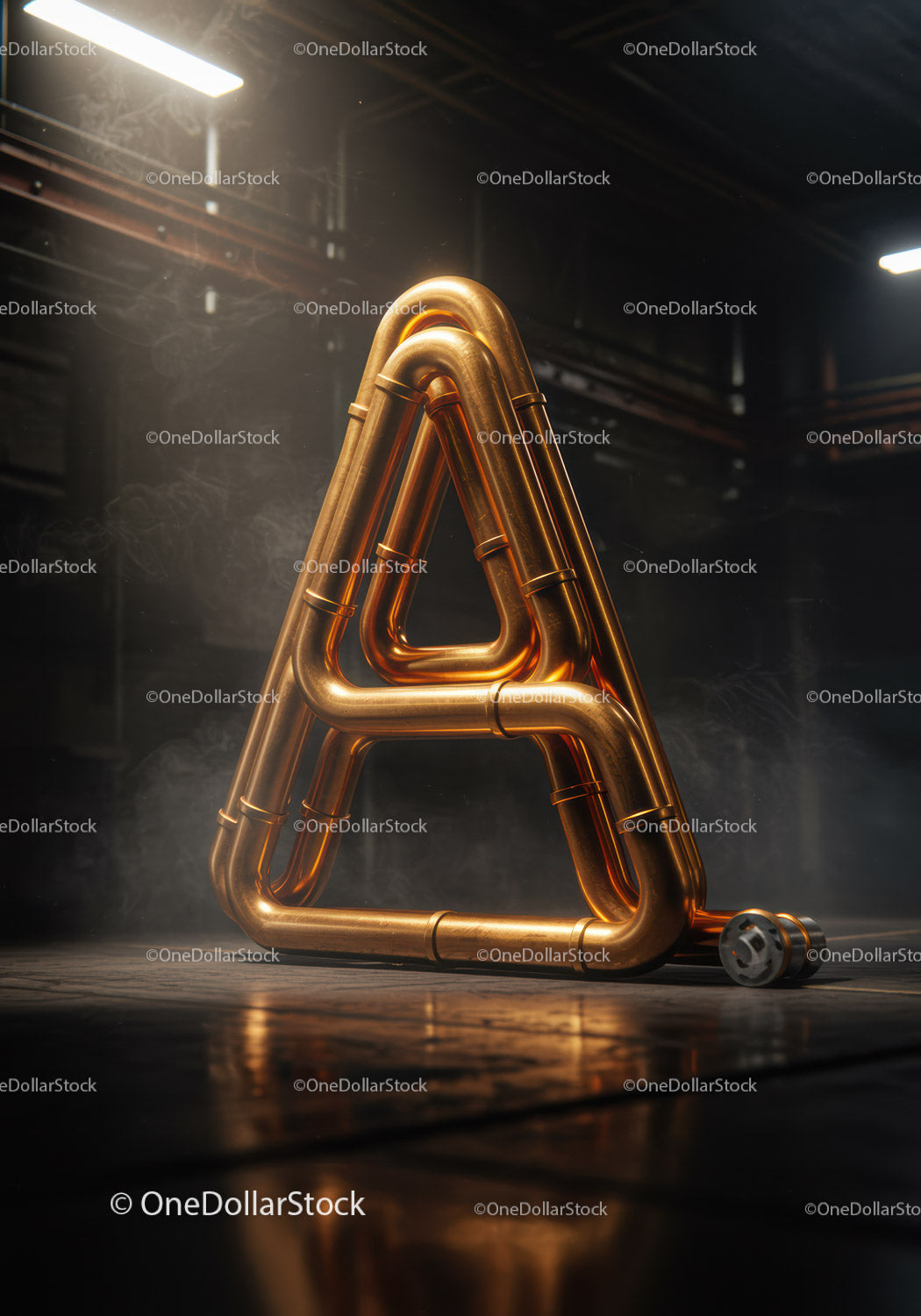 Industrial copper pipes shaped into letter A on floor