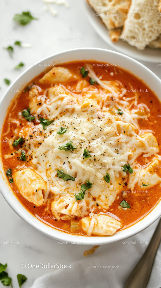 Spicy Chicken Soup with Cheese and Fresh Herbs