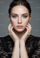 Elegant Portrait of a Young Woman with Blue Eyes and Black Lace Dress