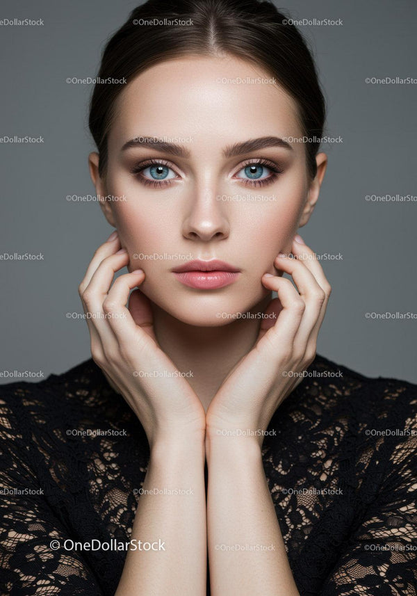 Elegancki Portret Młodej Kobiety z Niebieskimi Oczami i Czarną Koronkową Sukienką