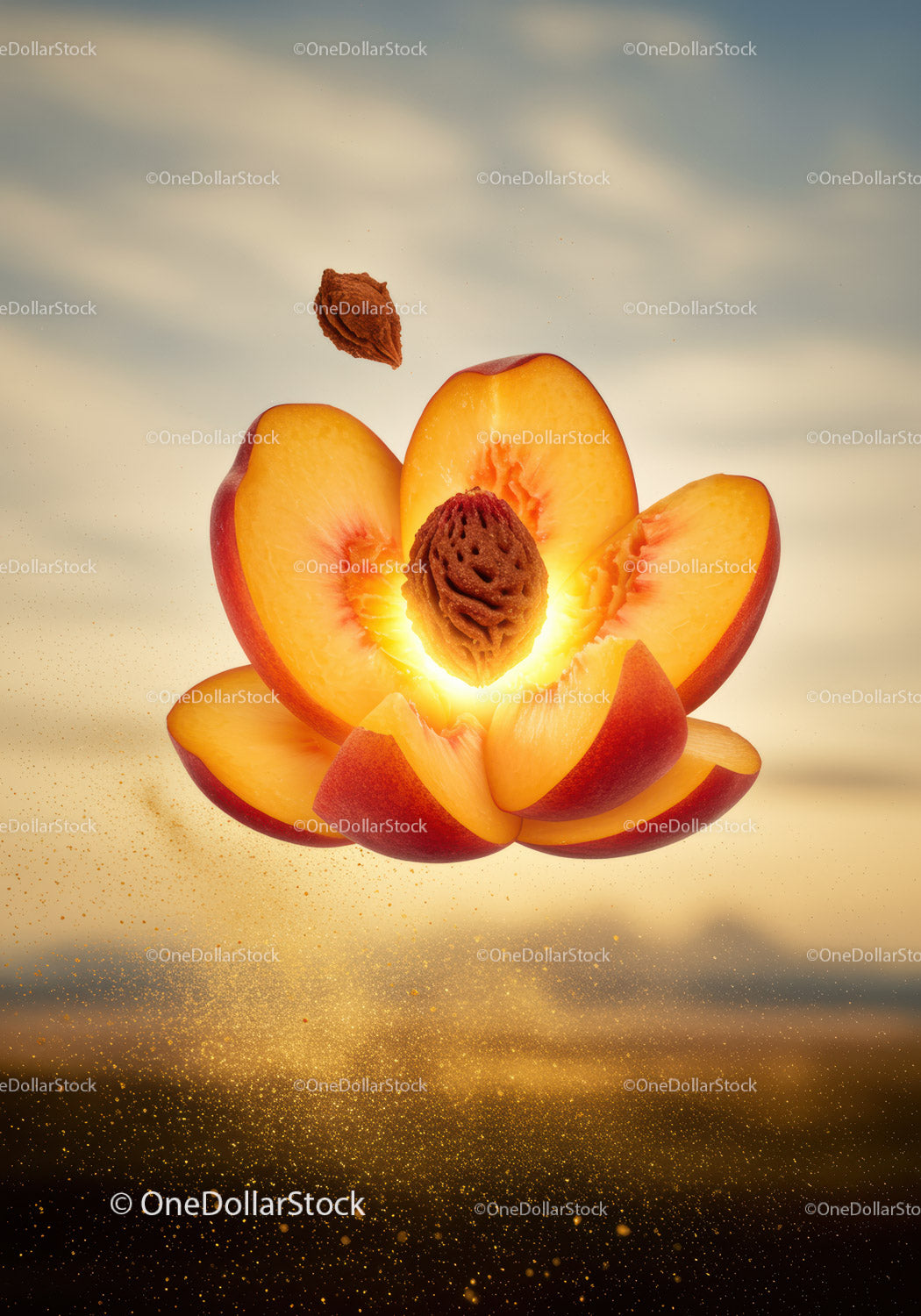 Floating Peach Slices with Glowing Stone in Sunset Light