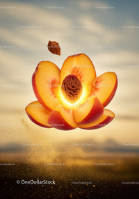 Floating Peach Slices with Glowing Stone in Sunset Light