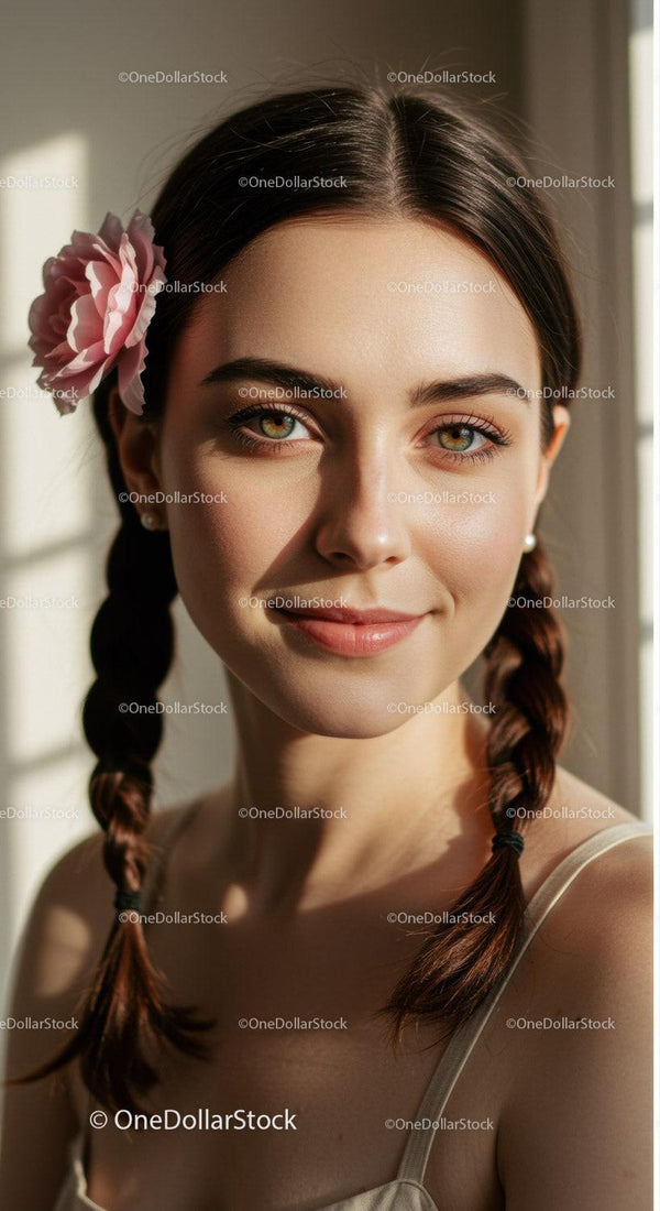 Portrait of a Smiling Young Woman with Braided Hair and Green Eyes