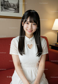 Young Woman in White Dress Smiling Indoors with Cozy Atmosphere
