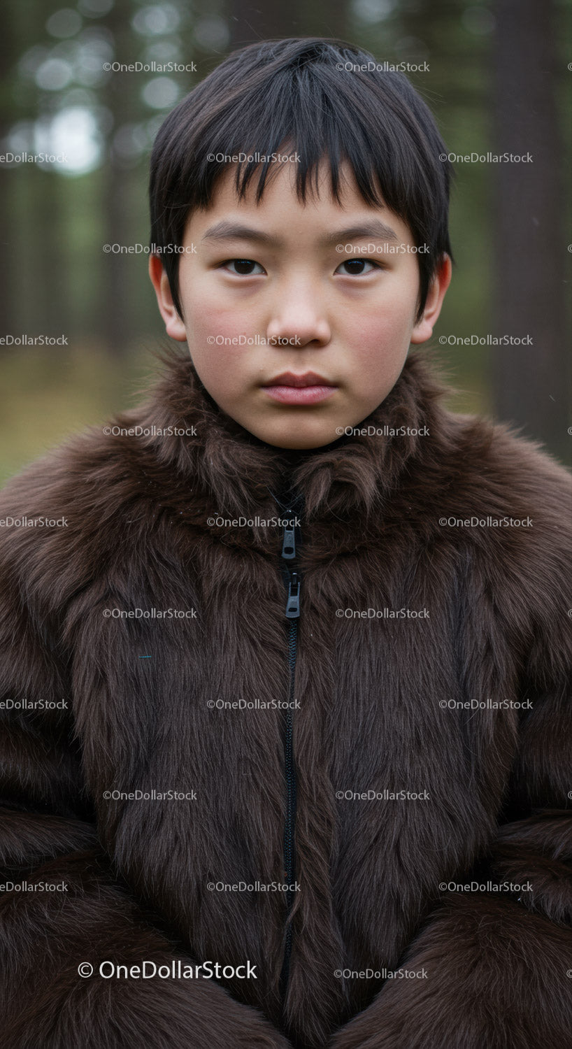 Young boy in brown fur jacket in forest outdoor portrait