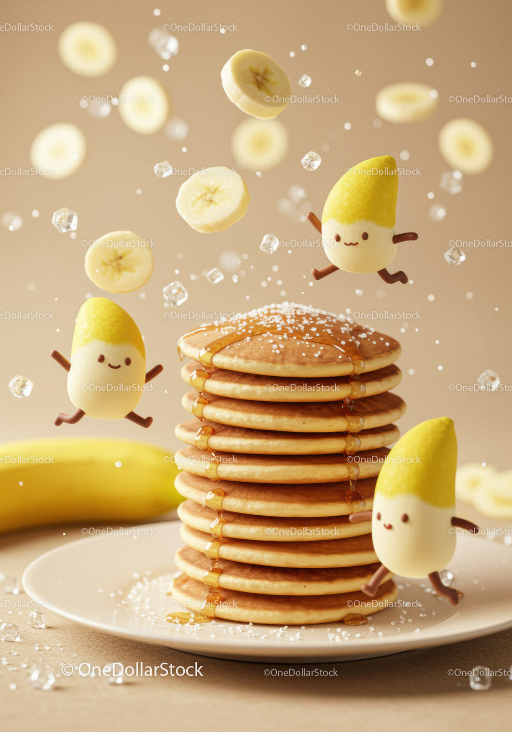 Stack of pancakes with animated banana characters and syrup