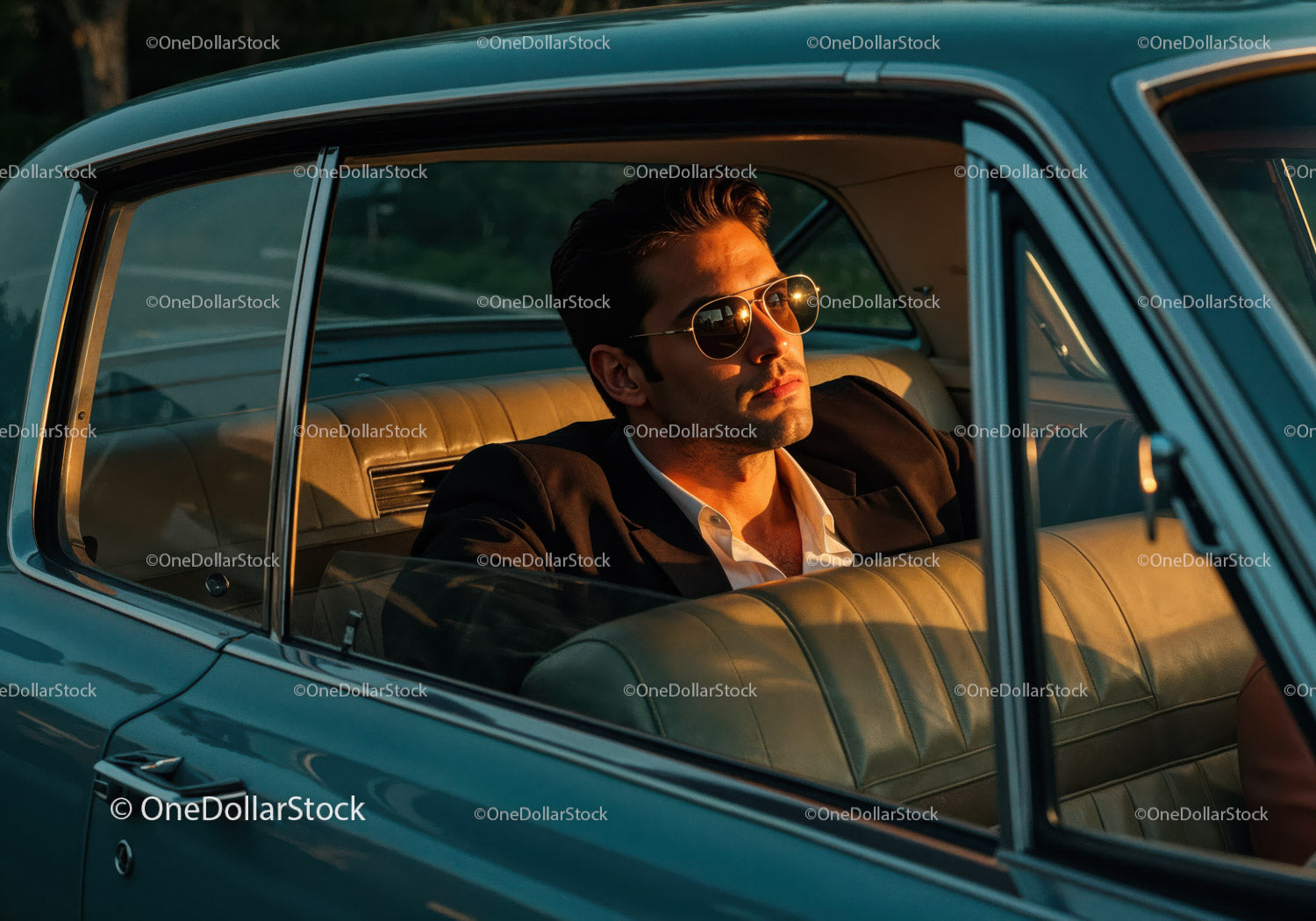 Stylish Male in Sunglasses Driving Vintage Car at Sunset