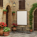 Quiet courtyard with rustic table and floral decoration