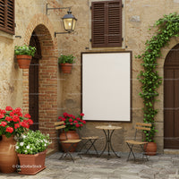 Quiet courtyard with rustic table and floral decoration