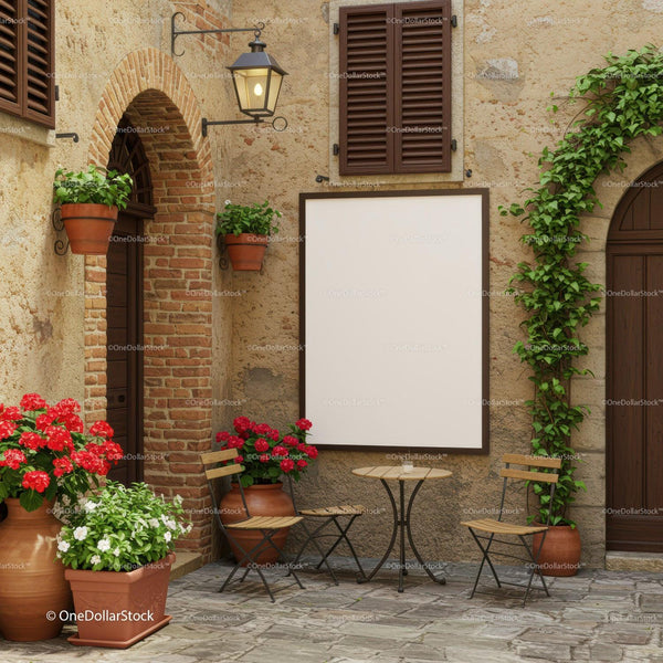 Quiet courtyard with rustic table and floral decoration JPG Mockup Image