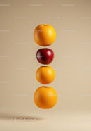 Floating fresh oranges and red apple on beige background