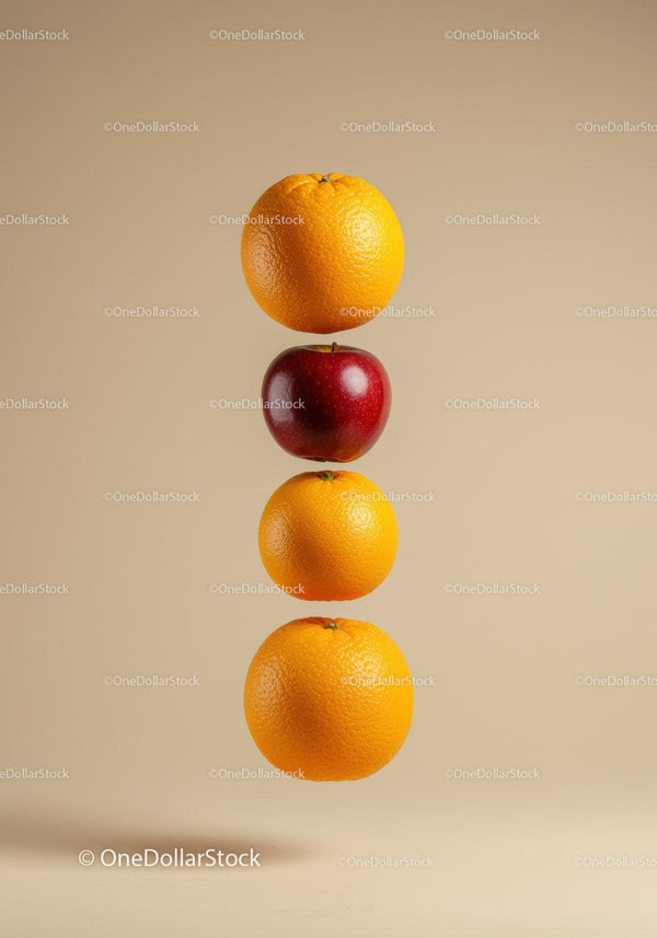 Floating fresh oranges and red apple on beige background