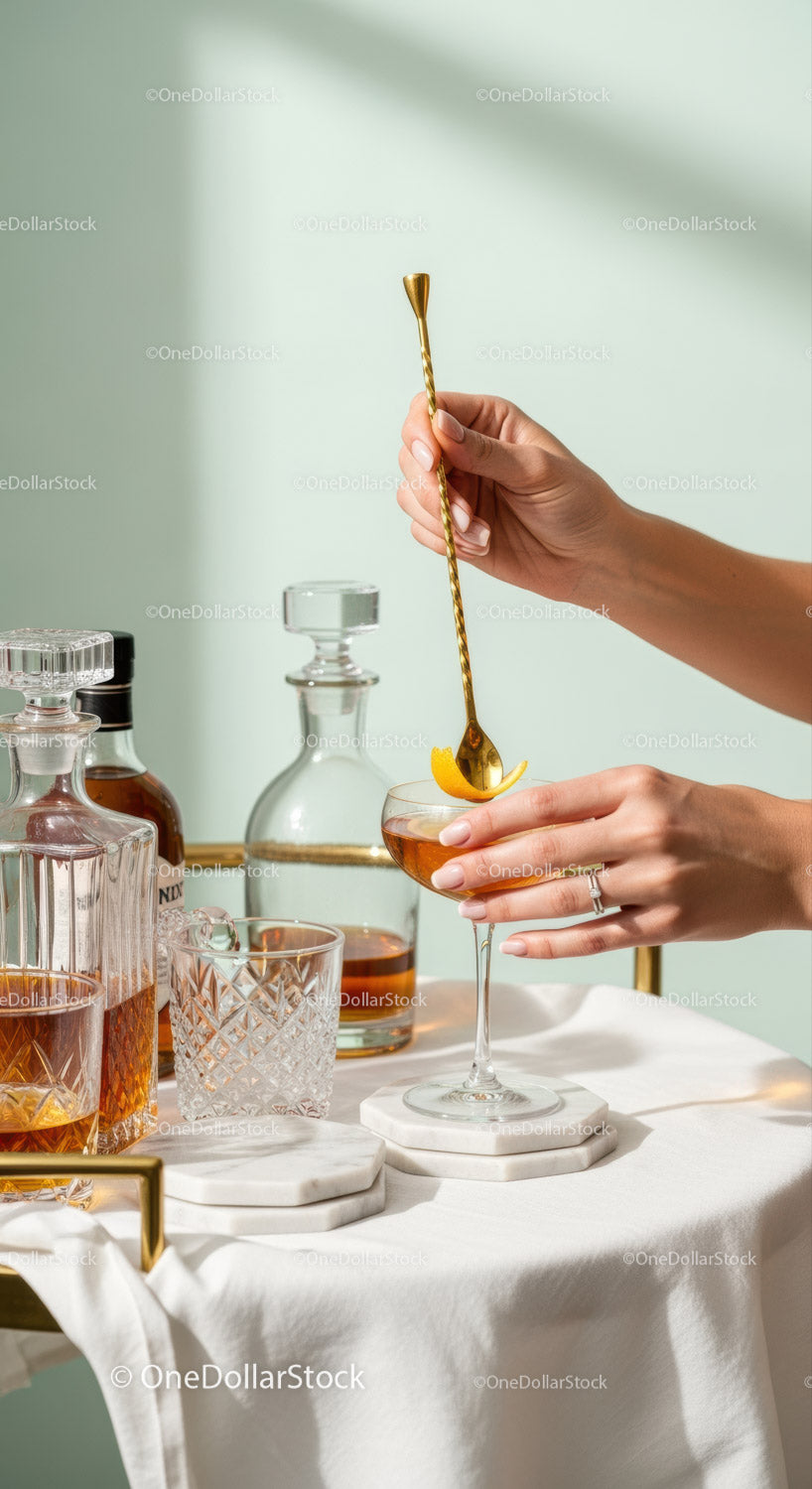 Elegancki koktajl w szklance typu highball z cytrusową dekoracją i złotym mieszadłem