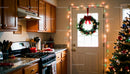 Cozy kitchen decorated for Christmas with festive lights
