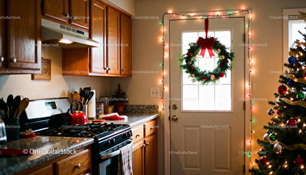 Cozy kitchen decorated for Christmas with festive lights