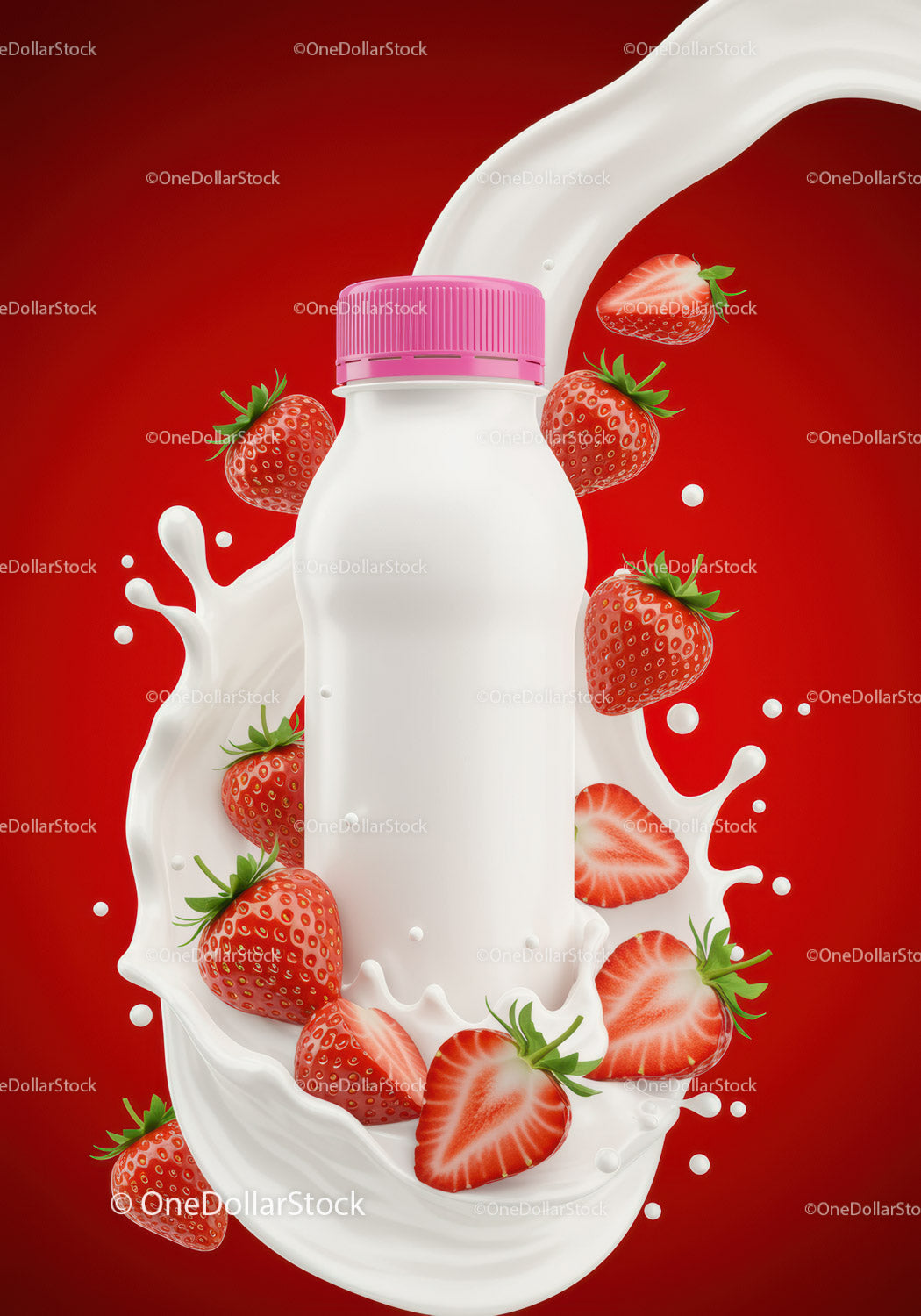Strawberry flavored yogurt bottle surrounded by splash