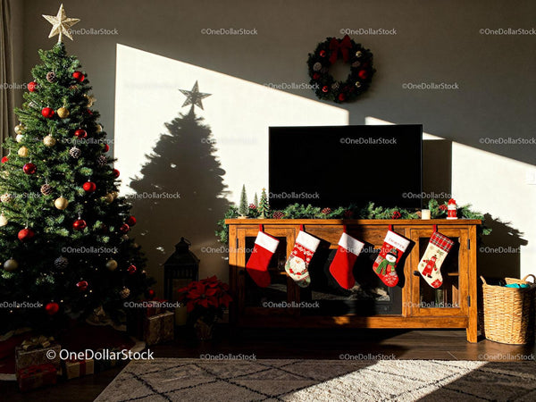 Cozy living room with Christmas tree and stockings