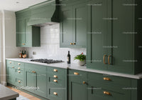 Elegant Green Kitchen Cabinets with White Marble Countertop and Brass Handles