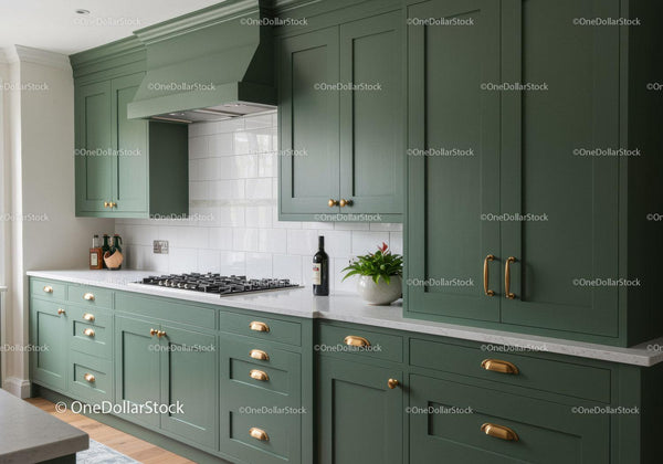 Elegant Green Kitchen Cabinets with White Marble Countertop and Brass Handles