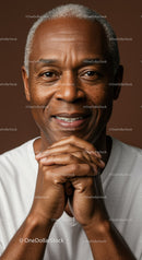 Close-up of smiling elderly man with clasped hands